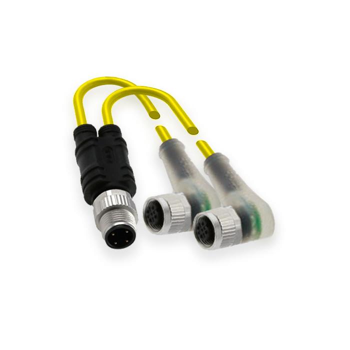 M12 4Pin male /2M12 3Pin female 90°, with LED light, Y-shaped precast anti-slag PUR flexible cable, yellow sheathing, 64T181-XXX